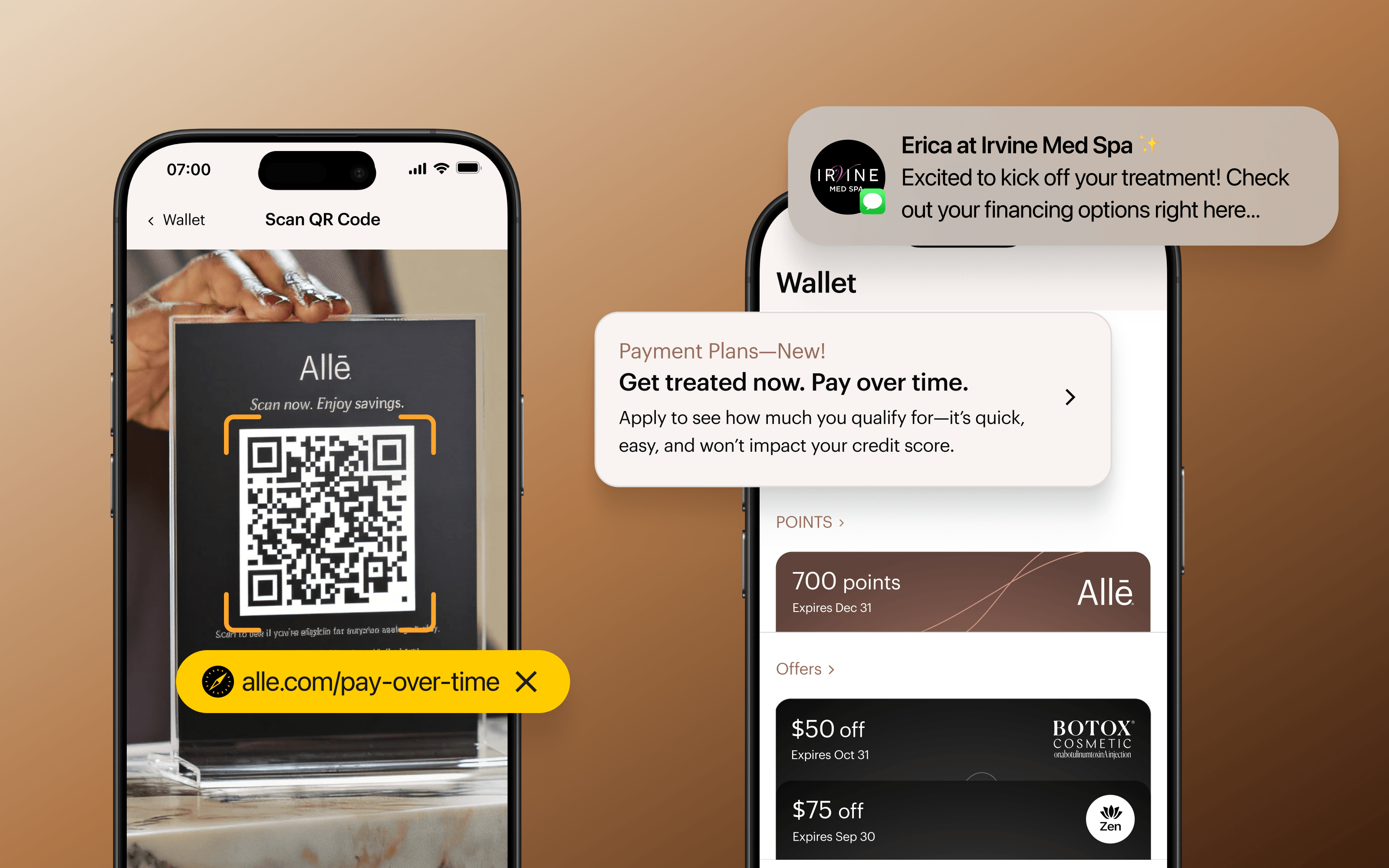 Pay Over Time: in-app wallet, provider text, and in-office QR code touchpoints