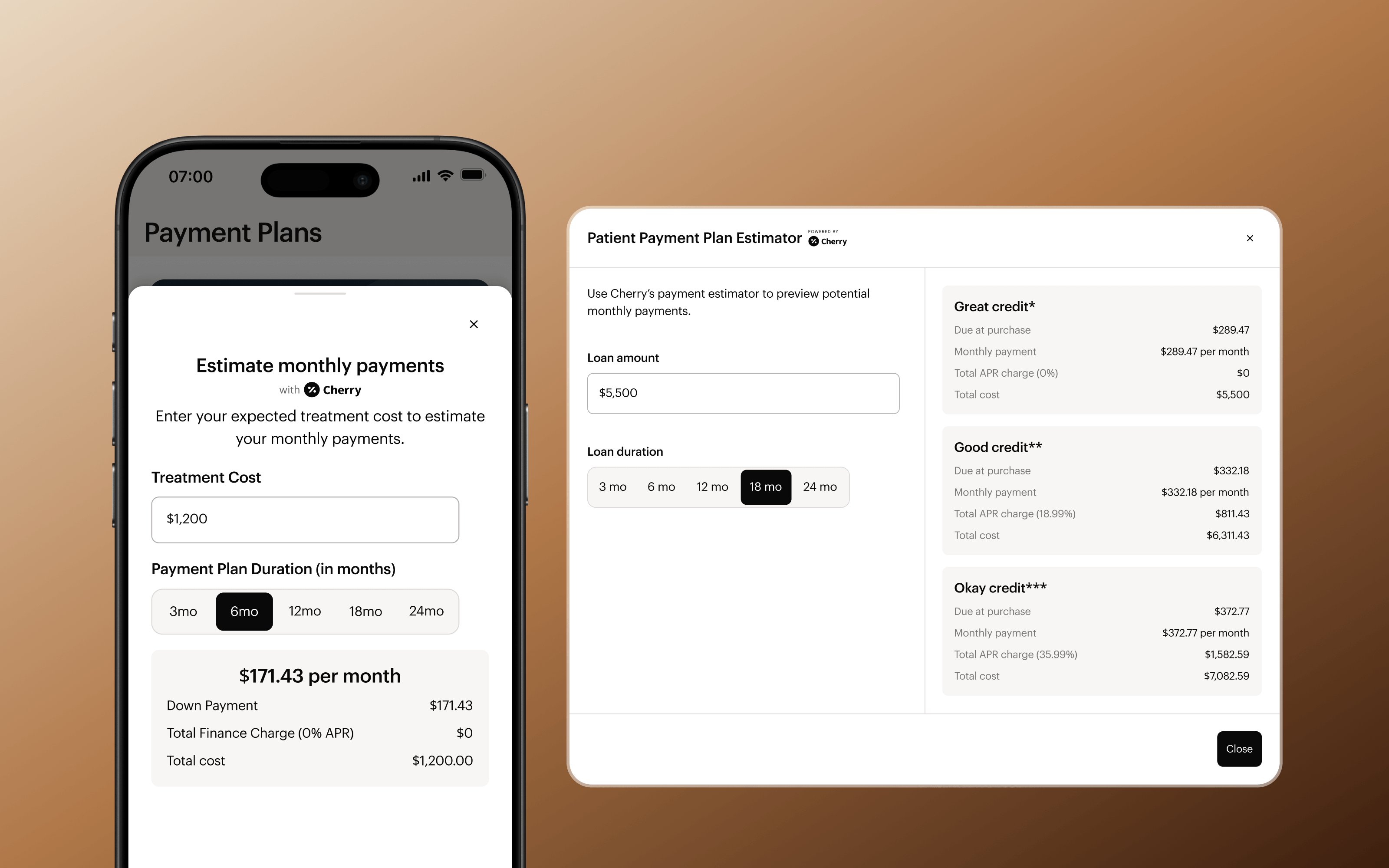 Pay Over Time: monthly payment estimator, in-clinic dashboard and in-app view