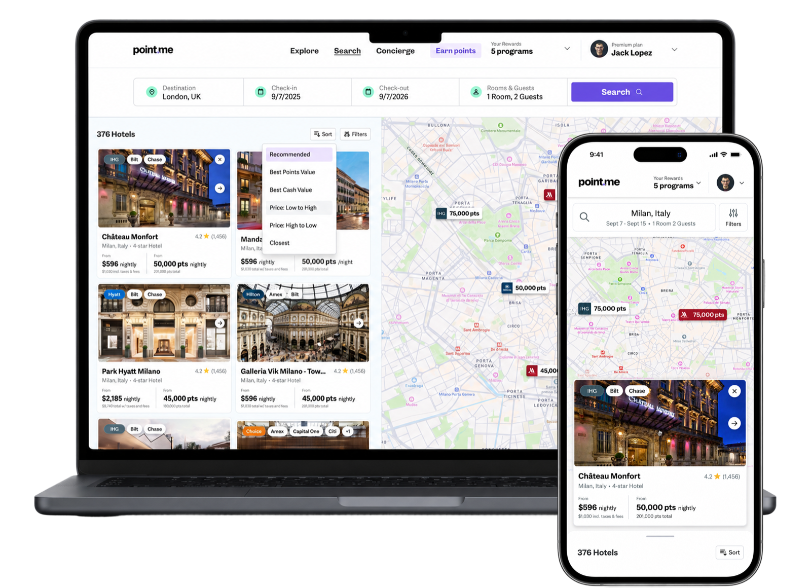 Point.me hotels search and booking interface, on laptop and mobile